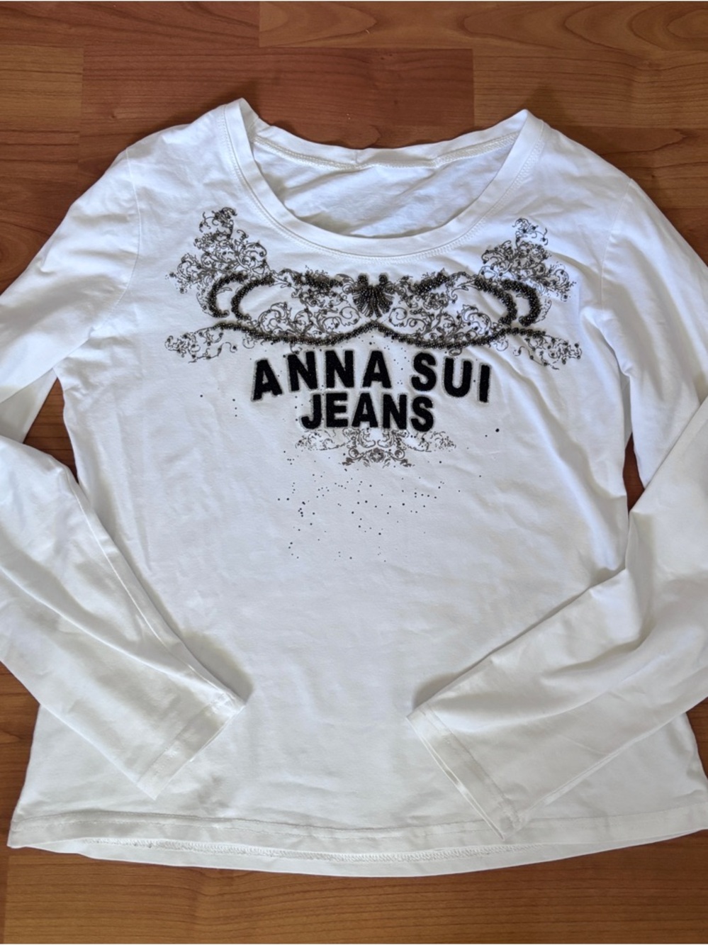Anna Sui Y2K White Long-Sleeve Graphic Tee With Butterfly Tattoo Design on Back